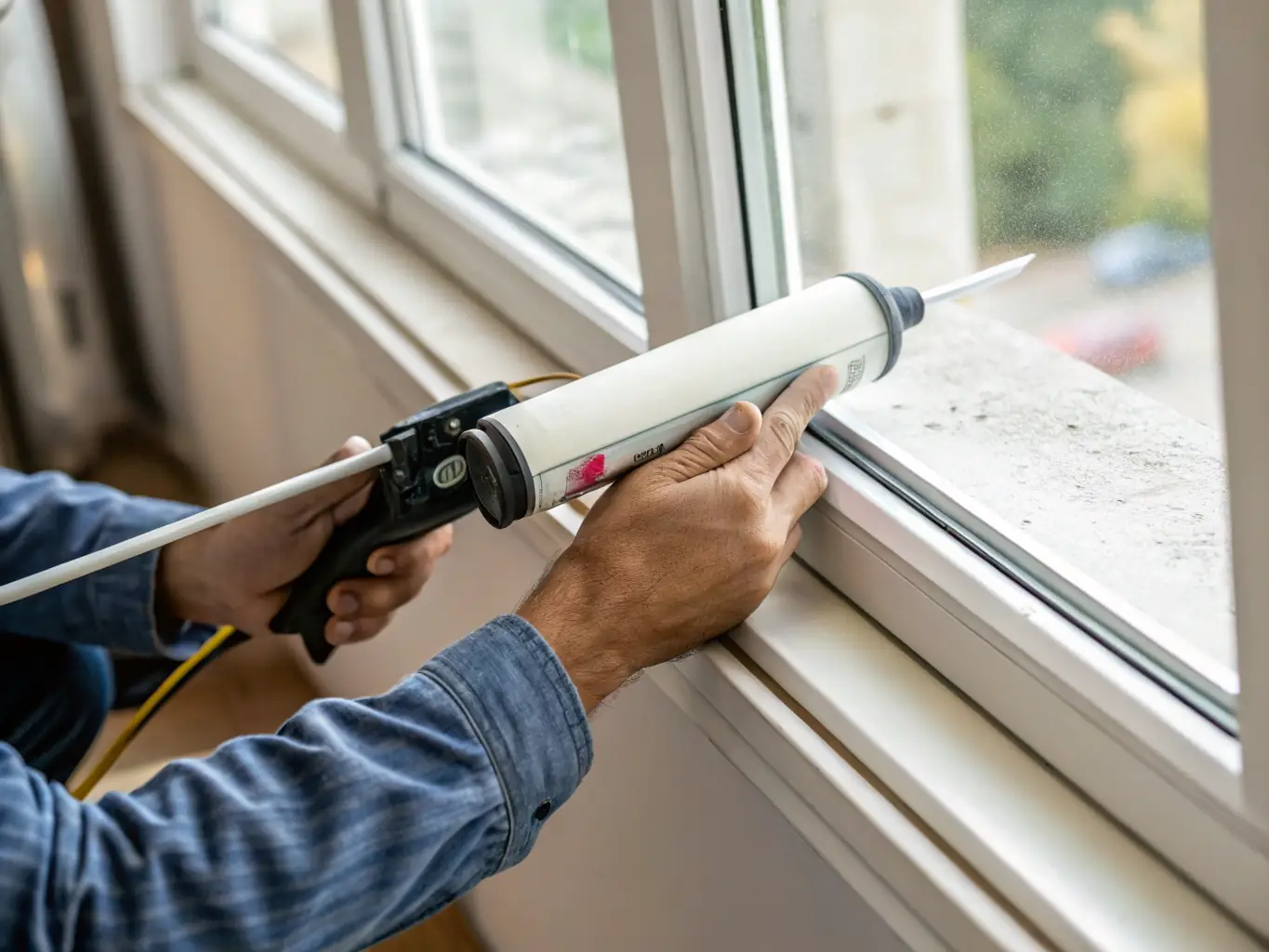 An image of a technician sealing a window frame with caulk, highlighting the importance of proper sealing for energy efficiency and preventing water damage. The background shows a partially visible exterior wall.