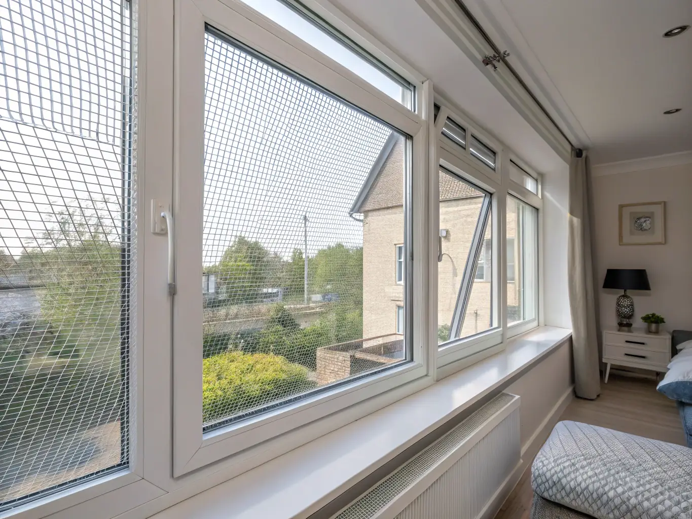 A picture of a window with new hardware installed, such as a crank or lock, demonstrating the improvement in functionality and security. The window is clean and clear, allowing natural light to enter the room.